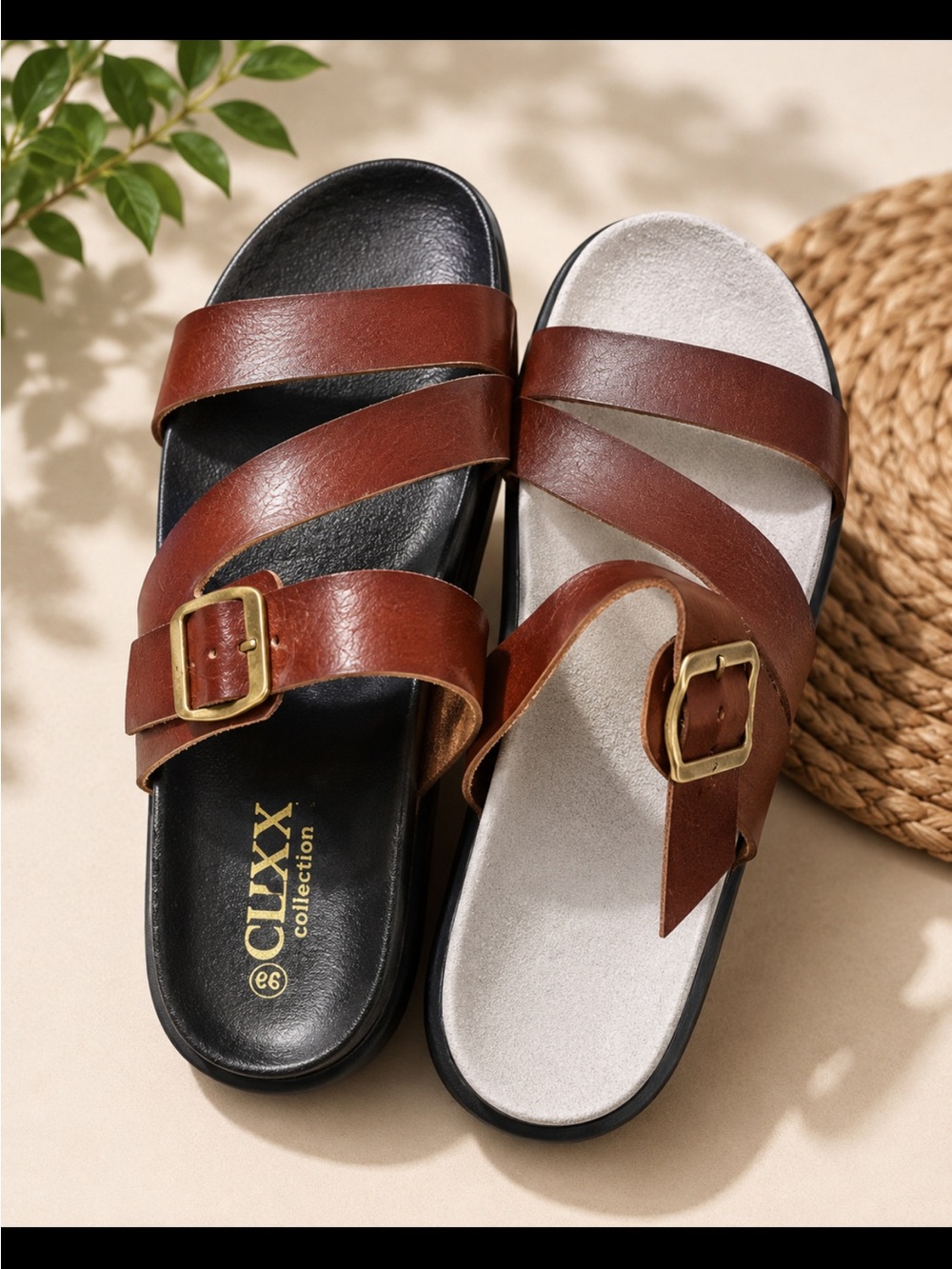 Men's Brown Leather Buckle Slide Sandals